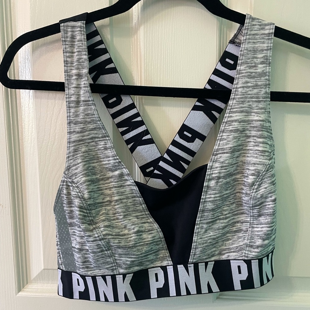 Victoria’s Secret Pink sports bra, ultimate crop, gray and black, Large